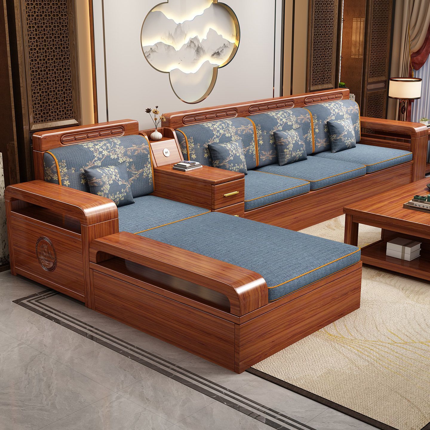 新中式金丝胡桃木实木沙发组合客厅经济型小户型冬夏两用储物家具