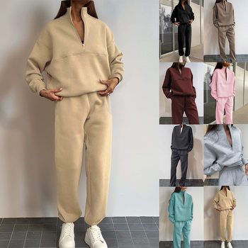 Cross-border european and american foreign trade women's clothing new amazon casual fashion solid color suit zipper lapel sweatshirt trousers for women