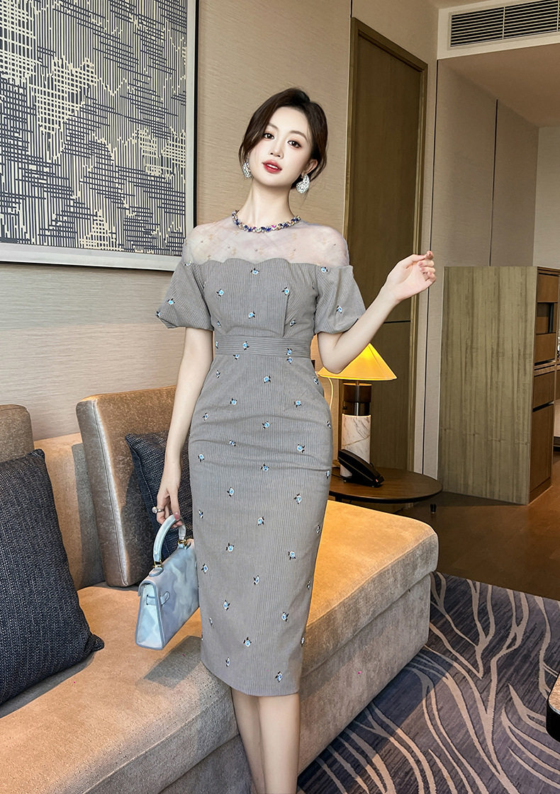 Đầm dài mùa hè cổ tròn thêu hoa ôm body tay bồng — [Xám xanh], [Đen] chi tiết 10
