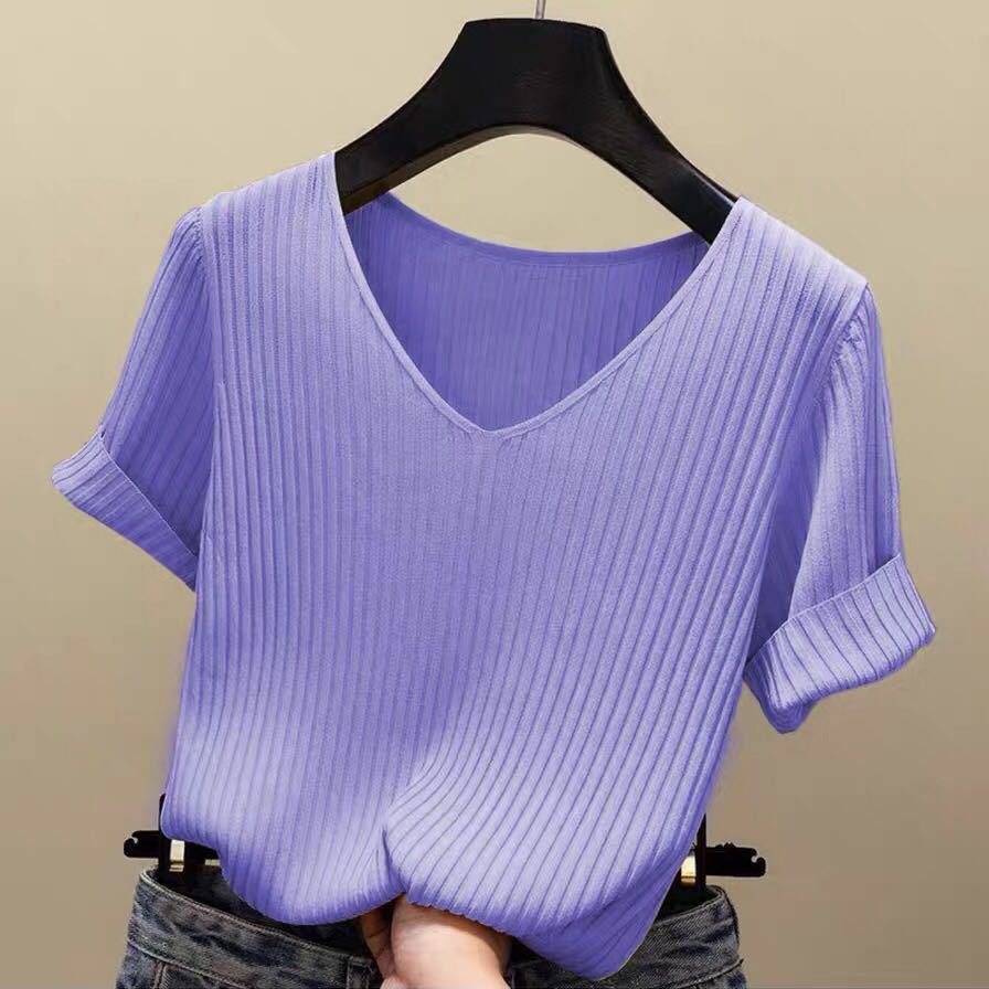 Womens Ice Silk Short Sleeve T Shirt Slim Fit V Neck Knitted Fabric Summer Casual Wear Wholesale Available