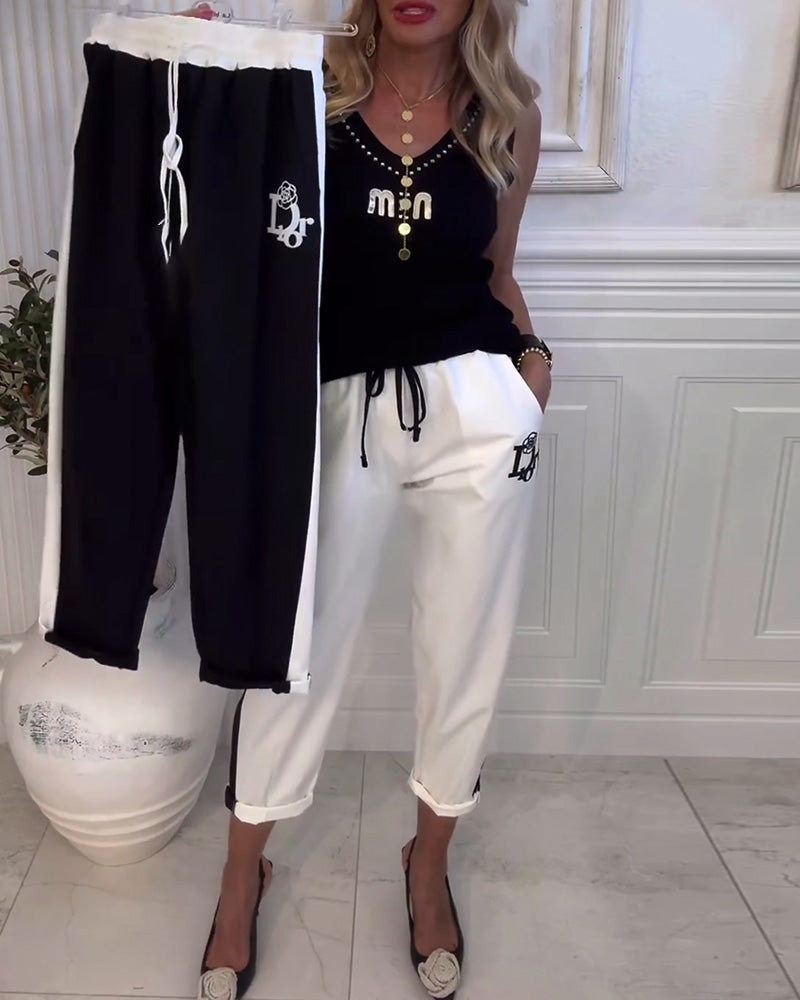 Womens Loose Fit Color Block Straight Leg Pants Summer Collection Casual Style with Pockets Wholesale Available