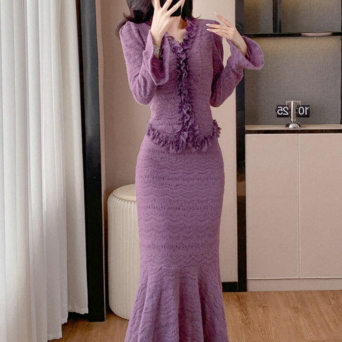 French Style Womens Purple Set Elegant Ruffled Lace Top with Long Sleeves Flared Midi Skirt for Autumn Wholesale