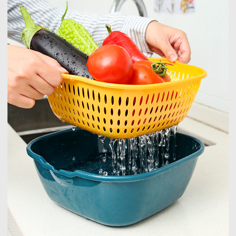 Multifunctional Draining Basket Six-Piece Set Wholesale Kitchen Color-Blocked Double-Layer 6-Piece Set Household Vegetable Washing Basket Fruit and Vegetable Basket Basin