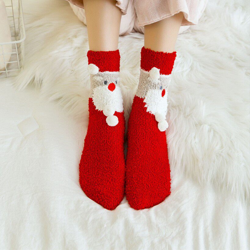 日系圣诞地摊袜子刺绣立体家居珊瑚绒卡通加厚毛巾地板半边绒女袜
