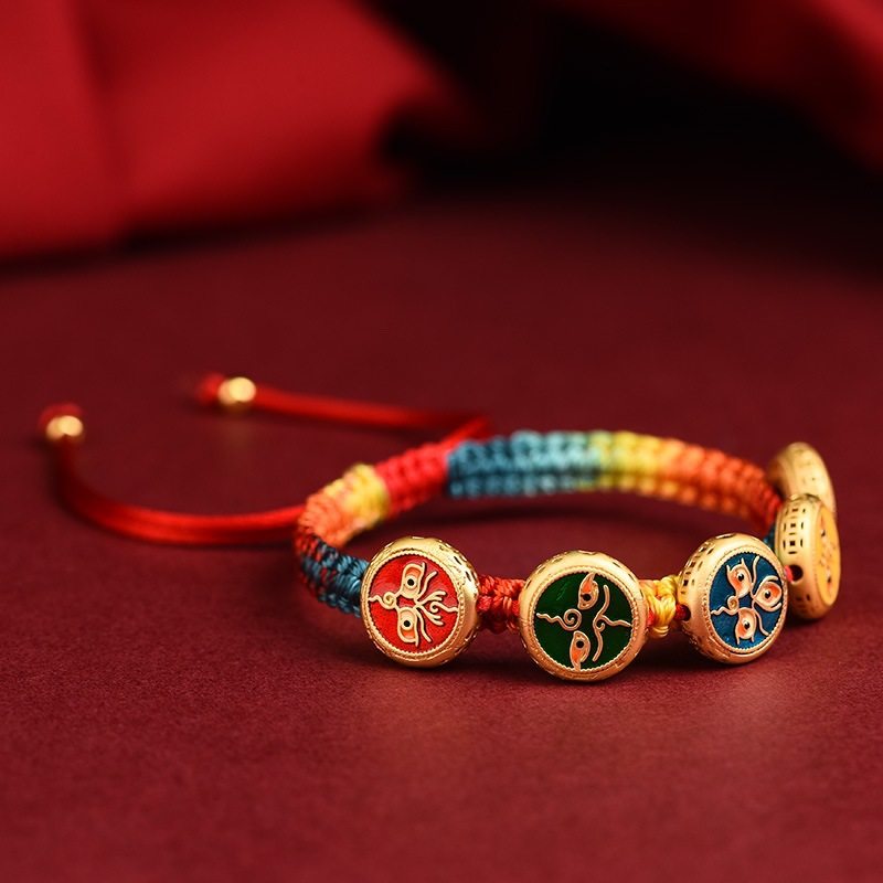 Five-way God of Wealth Translated Pearl Zhakiram Xizang-style Thangka Hand-woven Rope Couple's Amulet Bracelet for the Year of the Dragon