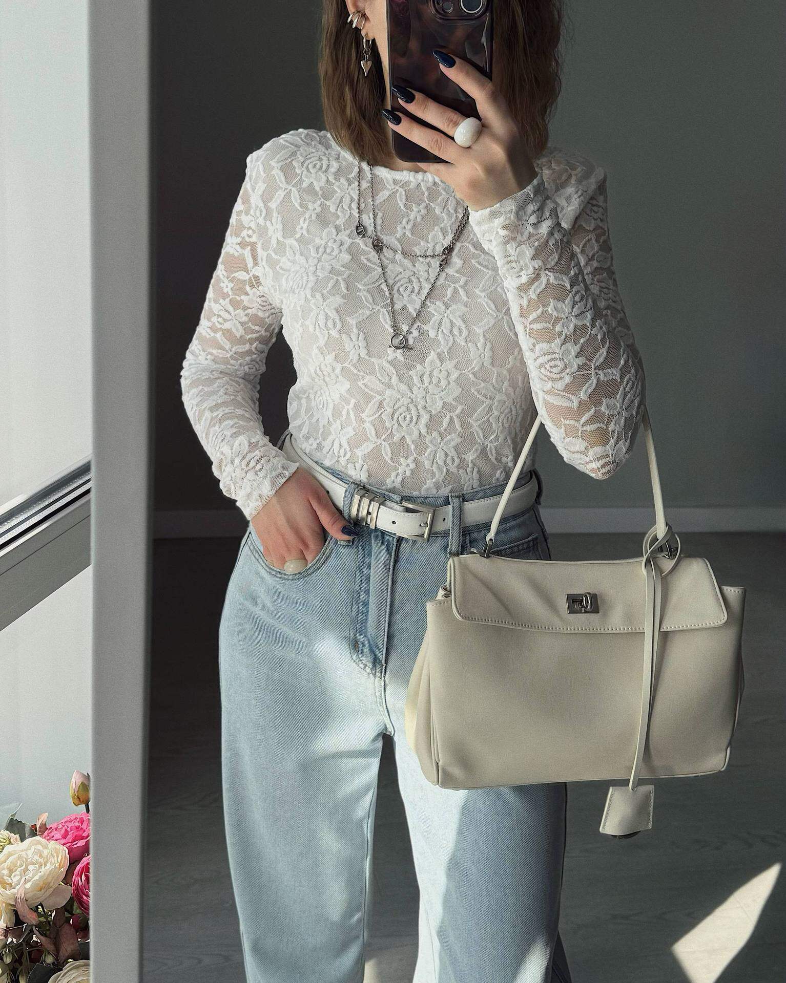 Lace Hollow Out T Shirt Pearl Button Split Hem Fitted Bell Sleeve Casual Wear for Women OEM Available