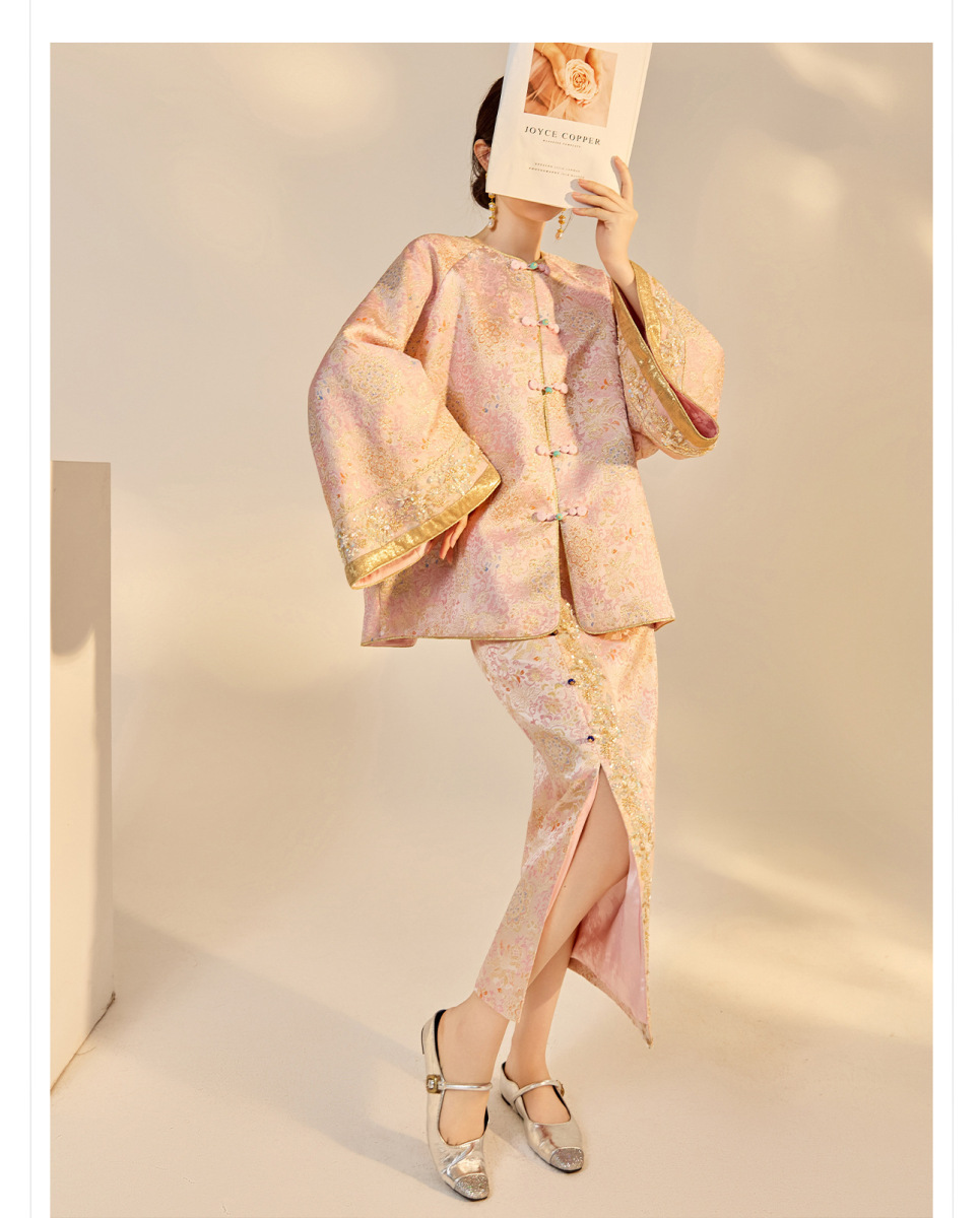 Bộ áo khoác và chân váy nữ dài tay thêu đính cườm họa tiết hoa — Váy Jacquard (giao hàng trong 7 ngày), Váy Jacquard (giao hàng trong ngày), Áo khoác Jacquard (giao hàng trong 7 ngày), Áo khoác Jacquard (giao hàng trong ngày)