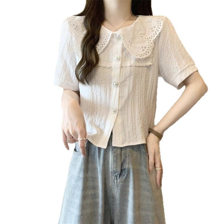 Pink Short Sleeve Doll Collar Blouse for Women Lightweight Comfortable Unique Design Summer Casual Wear Wholesale