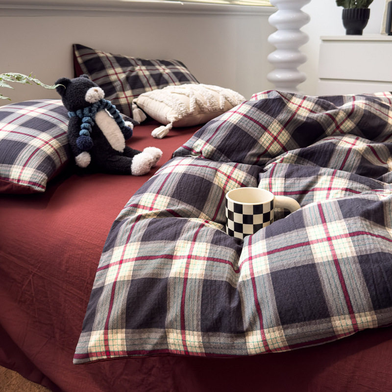 Double-Layer Gauze Printed Four-Piece Set, Nordic Style, Suitable for Sleeping Naked, Mother and Baby Grade Long-Staple Cotton Duvet Cover, Three-Piece Bed Sheet Set, Egyptian Long-Staple Cotton