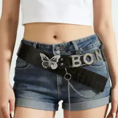 Personalized Belt with Butterfly Rhinestone Decoration, Trendy and Fashionable Black Belt, Export Style Rhinestone Belt