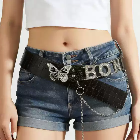 Personalized Belt with Butterfly Rhinestone Decoration, Trendy and Fashionable Black Belt, Export Style Rhinestone Belt