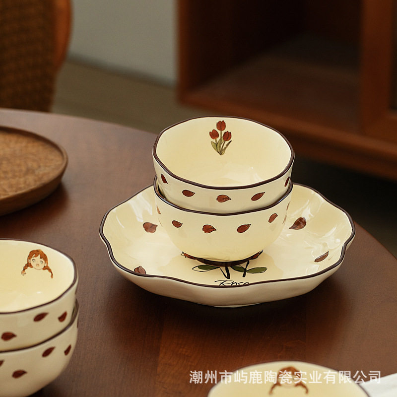 Tulip Girl Tableware Set Household Ceramic Bowls, Chopsticks and Plates Birthday Gifts for Women Souvenirs for Moving into a New Home Gifts