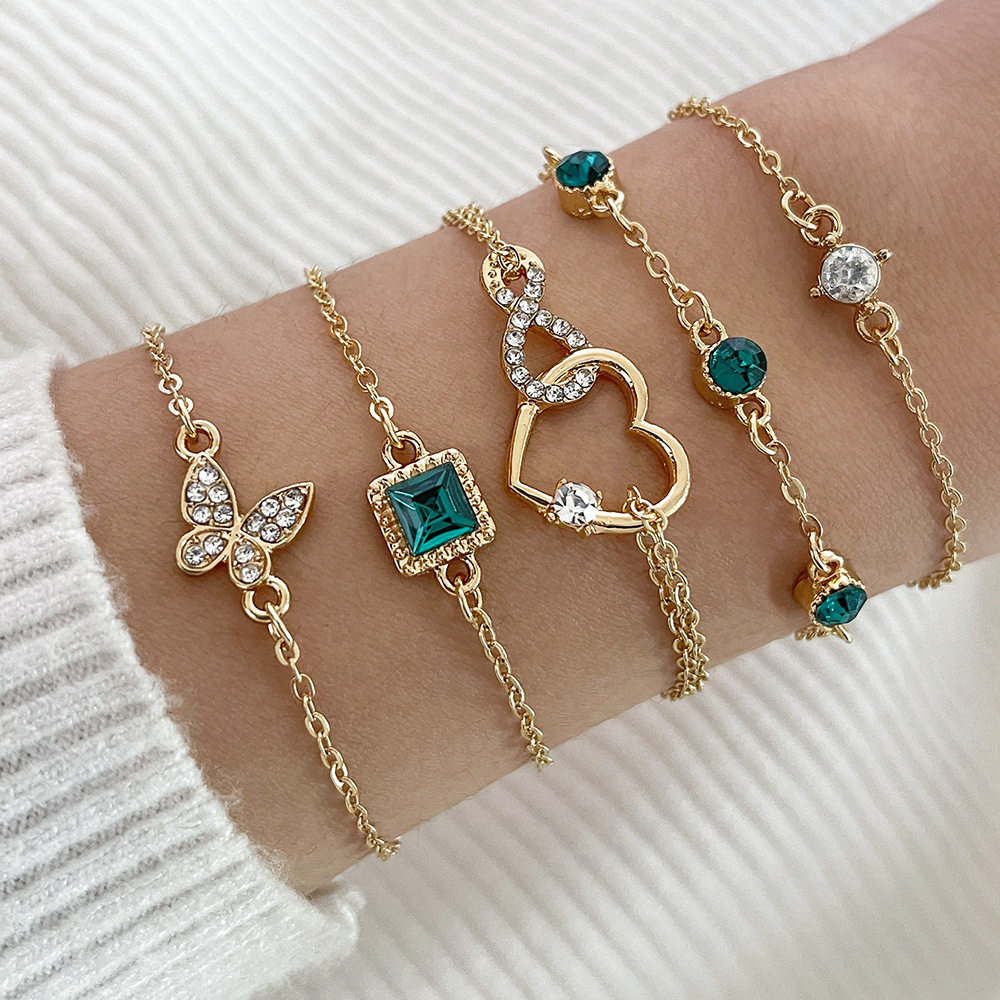 Cross-border New European and American Bracelet Ins Retro Green Diamond Square Bracelet Diamond Butterfly Love Bracelet 5-piece Set
