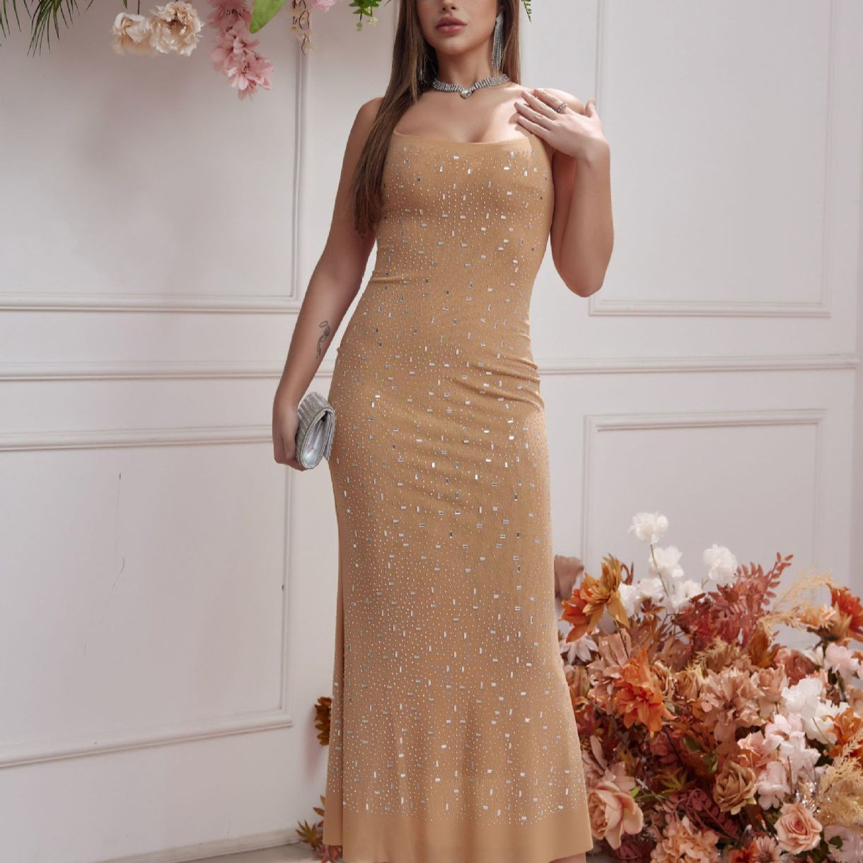 Elegant French Style Bodycon Maxi Dress Heavy Rhinestone Embellishments Spaghetti Straps Formal Evening Wear