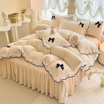 New Milk Velvet Bed Skirt Four-Piece Set with Bow Design, Thickened and Fleece-Lined, Winter Bed Sheet and Duvet Cover, Non-Shedding Bedding