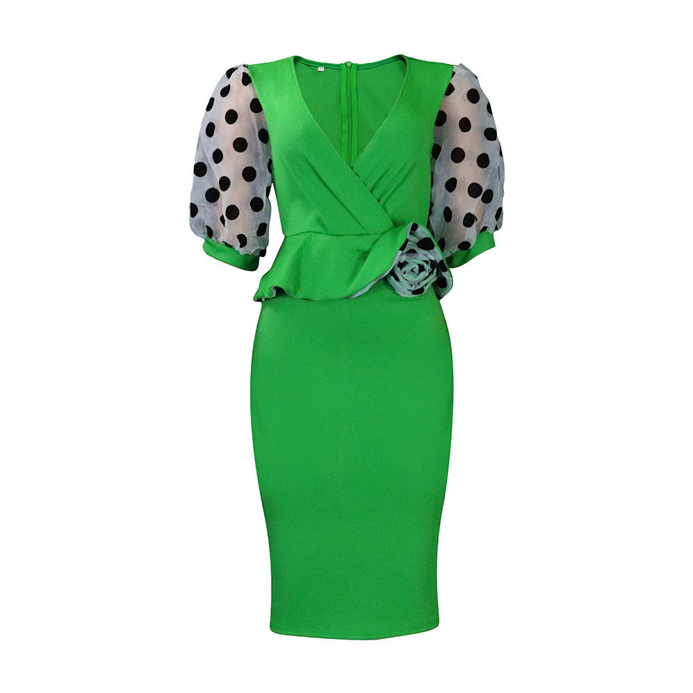 Womens Pencil Dress Spring Summer Collection Mesh Puff Sleeve Color Block Design Elegant Style Wholesale Available