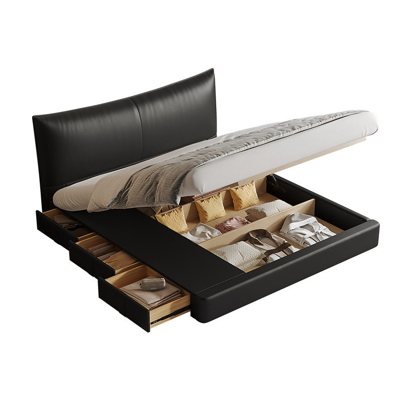 Ji and Shannai Bed Italian Minimalist Leather Bed Storage Drawer High Box Bed Double Master Bedroom Small Apartment Vintage Bed