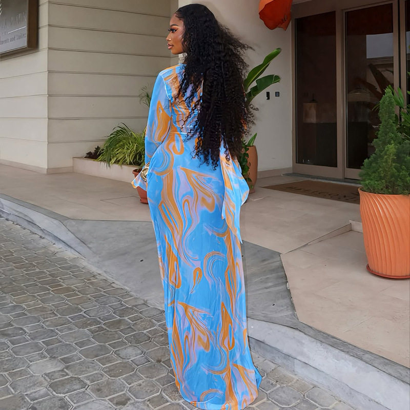 Tie Dye Maxi Dress Lightweight Sheer Slim Fit Flared Sleeves Casual Wear for Spring Summer Wholesale Available