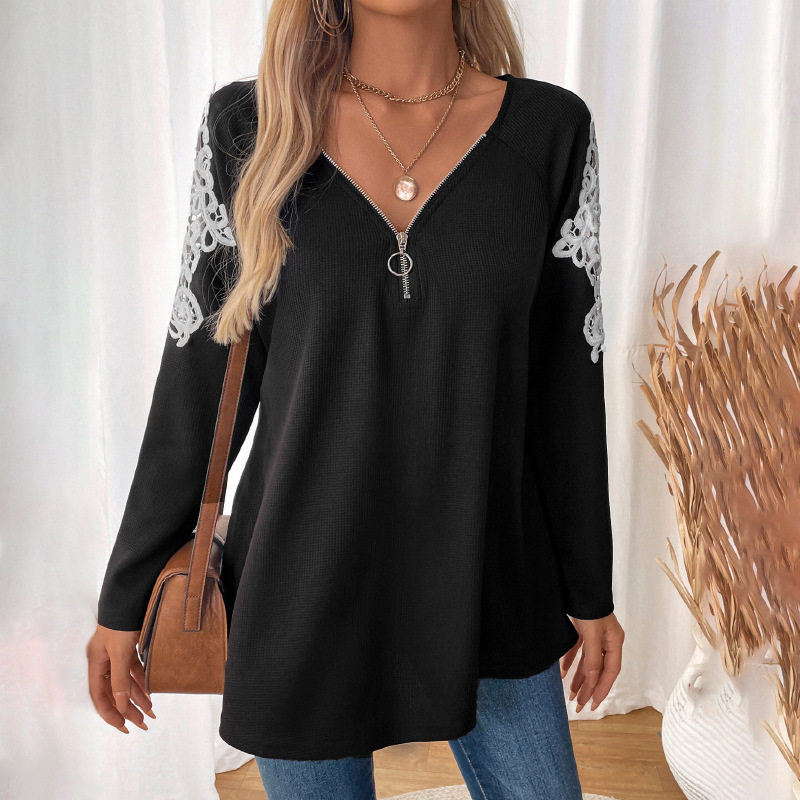 Casual Black T Shirt Embroidered Long Sleeve Drop Shoulder Autumn Wear Wholesale Available