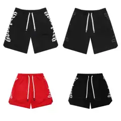 2025 Godspeed Washed Embroidered Rhinestone Wave Pattern Distressed Vintage Letter Print Drawstring Shorts Casual Pants