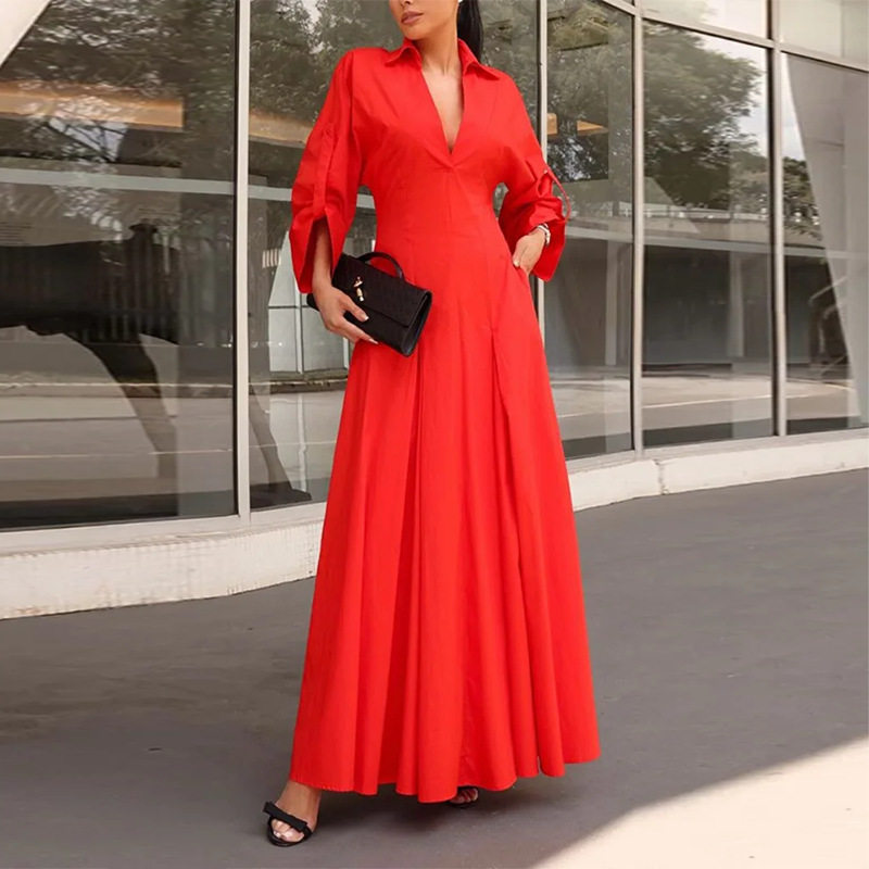 Womens Summer Dress Elegant Solid Color V Neck Pleated Design Perfect for Casual or Formal Occasions Wholesale