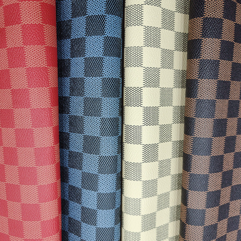 Printed Checkerboard Leather 0.6mm Knitted Bottom Old Flower Plaid PVC Leather Bag Jewelry Packaging Fabric