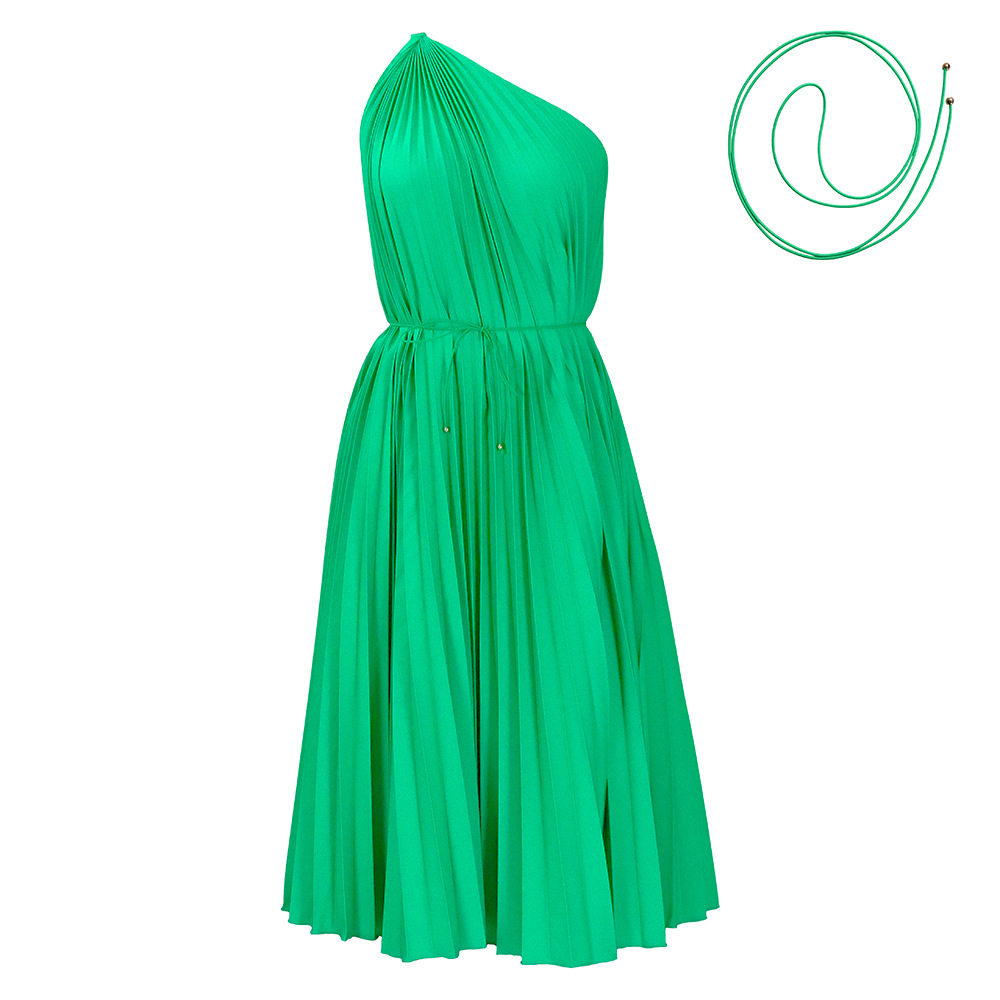 Plus Size Womens Dress Summer Collection Asymmetrical Shoulder Pleated Design Solid Color Elegant Style