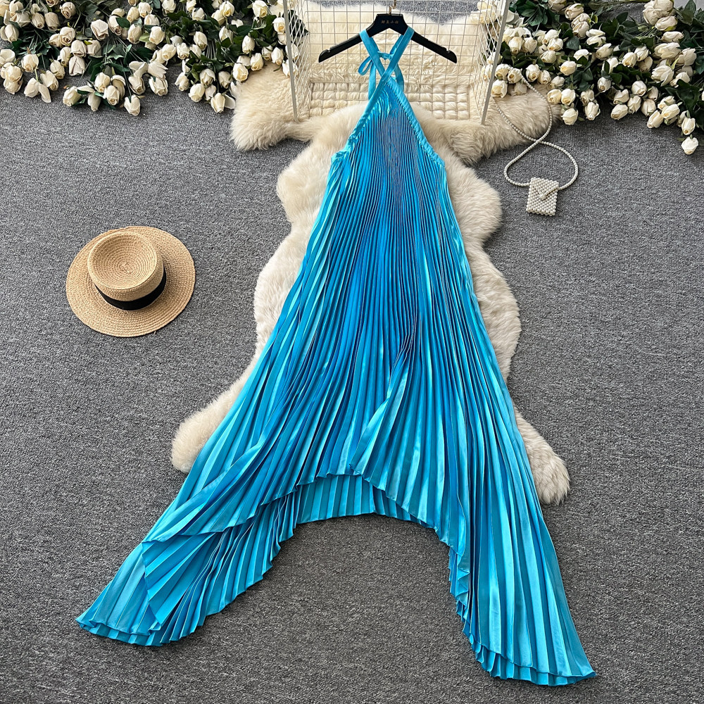 Red Halter Neck Irregular Dress High Waist Pleated Sleeveless A Line Vacation Style Wholesale Available