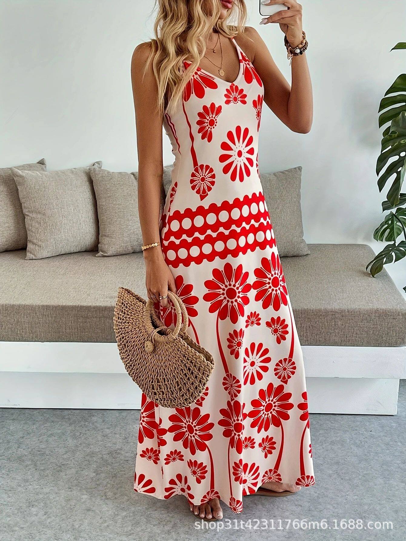 Bohemian Maxi Dress for Women Floral Print Adjustable Straps Lightweight Fabric Summer Casual Wear Wholesale