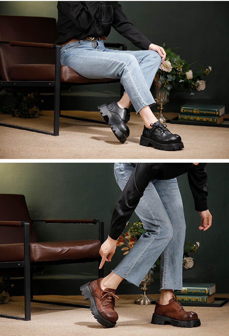 Giày boot nữ cổ thấp da bò thật thủ công mũi tròn gót vuông — Màu cà phê, màu đen