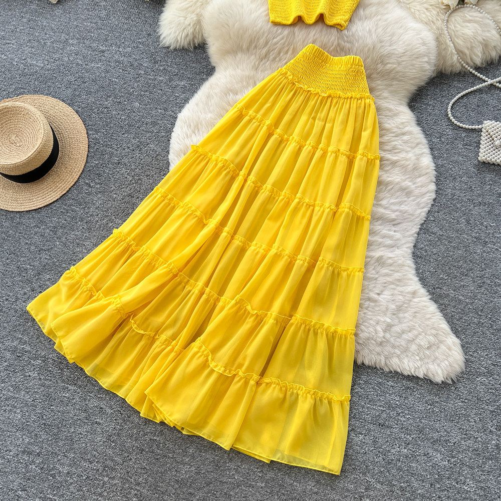 Yellow Pleated Two Piece Set Layered Cake Skirt Elegant Style Summer Fashion Wholesale Available