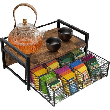 Wooden Storage Rack for Coffee Capsules and Tea Bags, with Compartments, Desktop Organizer, Drawer Type
