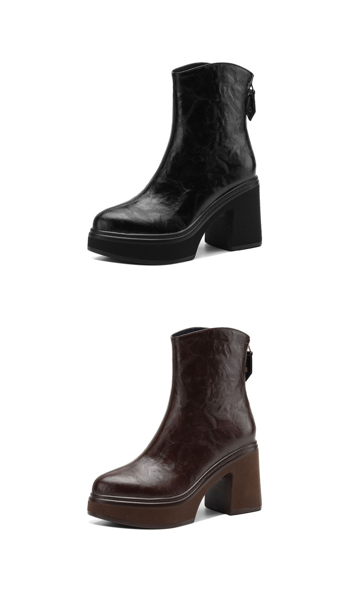 Boot nữ da bò gót thô 9,5cm cổ ngắn khóa kéo sau — Lớp lót đơn màu đen, Lớp lót đơn màu nâu đậm, Lót nhung đen, Lót nhung màu nâu đậm