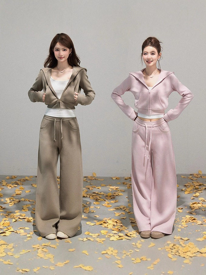 Korean Style Short Hooded Long-Sleeved Sweatshirt Jacket High-Waisted Lace-Up Pants Women's Spring & Fall New Slim Casual Two-Piece Set