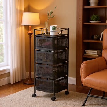 Kitchen Rotating Storage Rack Square Frame Fruit and Vegetable Basket Trolley Floor-Standing Home Living Room Snack Storage Shelf Factory