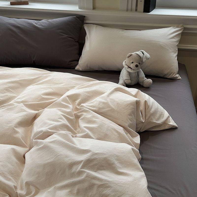 Scandinavian Style Super Soft Waxy Washed Cotton Quilt Cover Bed Bed Sheets Four-Piece Bedding Set Student Dormitory Three-Piece Fitted Bed Sheets Set 4