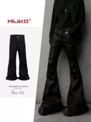 MIJKO Men's Wear Women's Black Coated Trousers Unisex Crease Textured Wide Feet Micro-BootCut Jeans