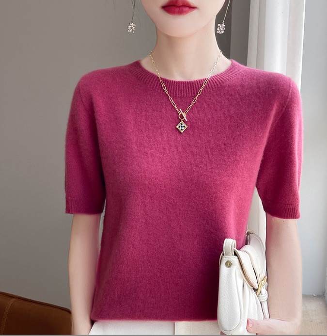 套头毛衣女非羊绒圆领短袖宽松t恤内搭针织衫打底春秋季短款上衣