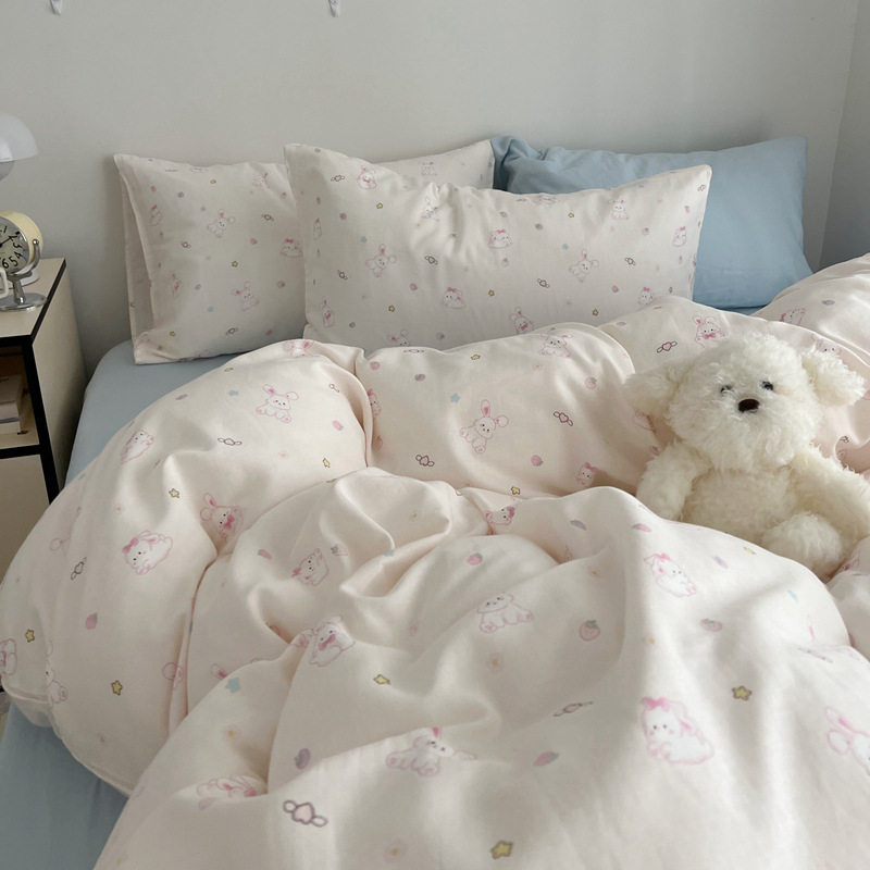 Small Fresh Girly Heart Cute Dog Double-Layer Gauze Quilt Cover Pure Cotton Type a 4-Piece Dormitory Three-Piece Set