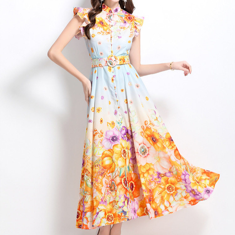 Elegant Floral Print A Line Dress Short Sleeve Stand Collar Waist Tie Flowy Skirt Perfect for Resort Wear
