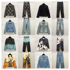 Cross-Border High-Quality Version. Lv 25S Autumn and Winter Full-Print Checkerboard Jacquard Denim Jacket and Jeans Set
