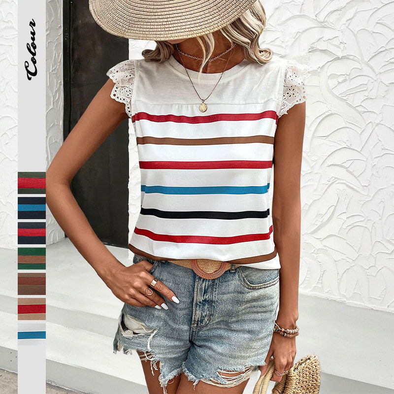 Lace Trim Ruffle Sleeve Striped T Shirt Summer Casual Style Lightweight Fabric Wholesale Available
