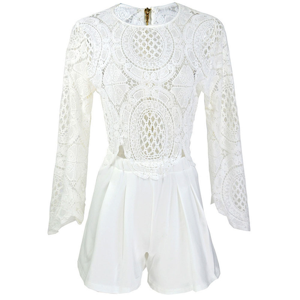 High End Lace Jumpsuit Floral Design Cotton Blend Hollow Out Short Style Perfect for Summer Events Wholesale
