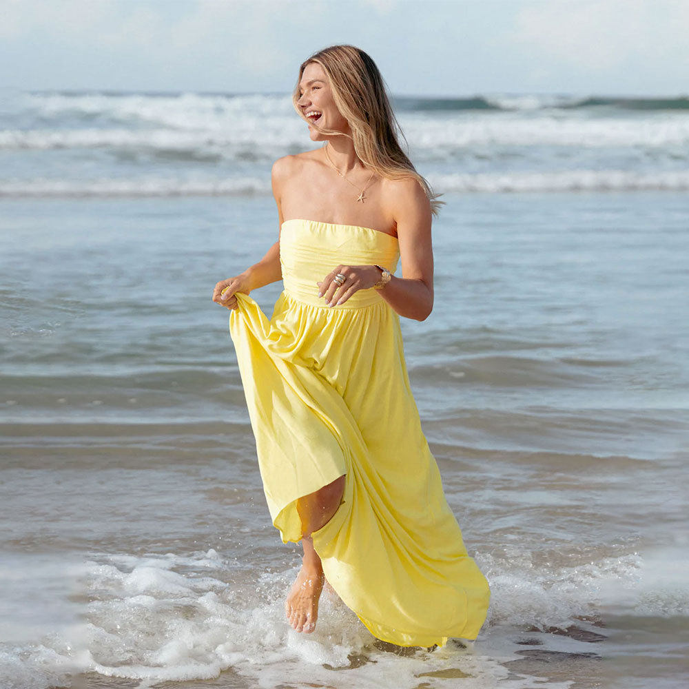 Chic Yellow Strapless Maxi Dress Elegant Sleeveless Summer Style Perfect for Petite Figures Wholesale Available