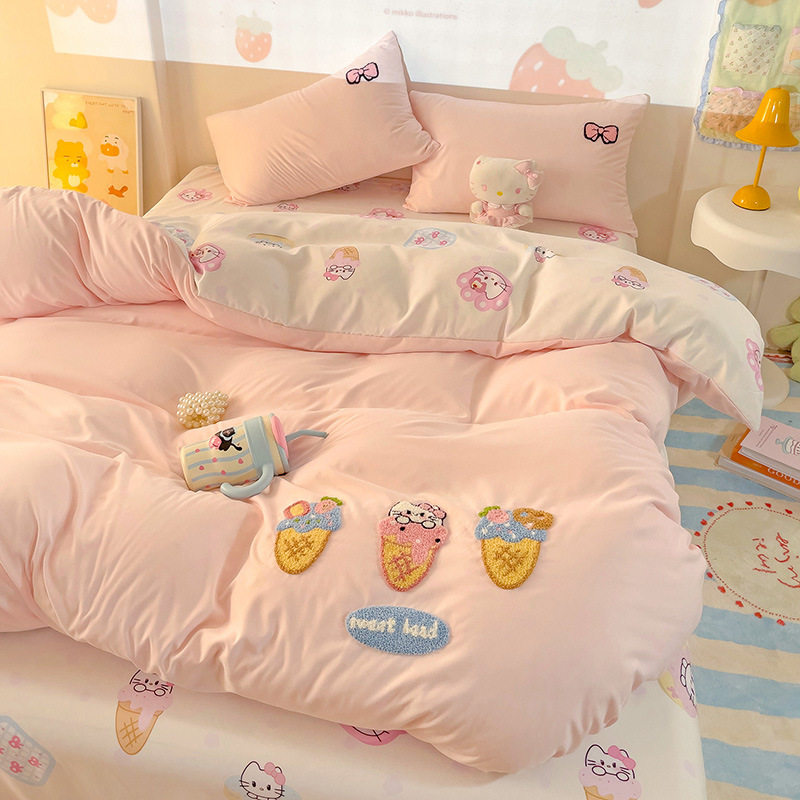 New A-Class Towel Embroidery Printed Four-Piece Dormitory Cute Bedding Set Washed Cotton Duvet Cover Fitted Sheet Three-Piece Set 4