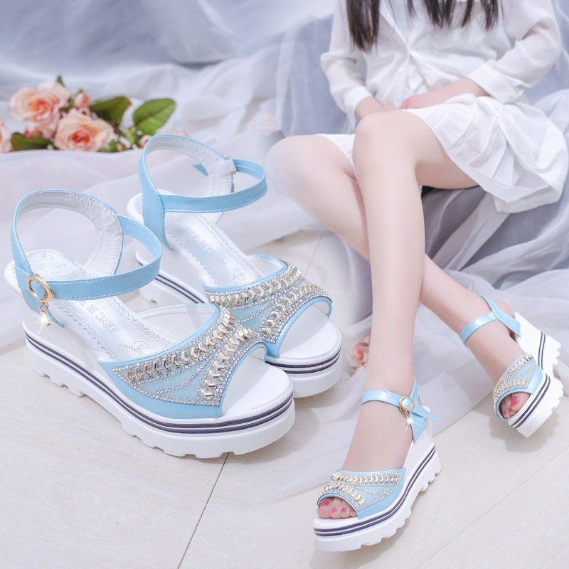 Sandals Women's 2025 Summer New Sandals Women's Wedge Rhinestone Fashion One-Word Buckle Fish Mouth Women's Shoes