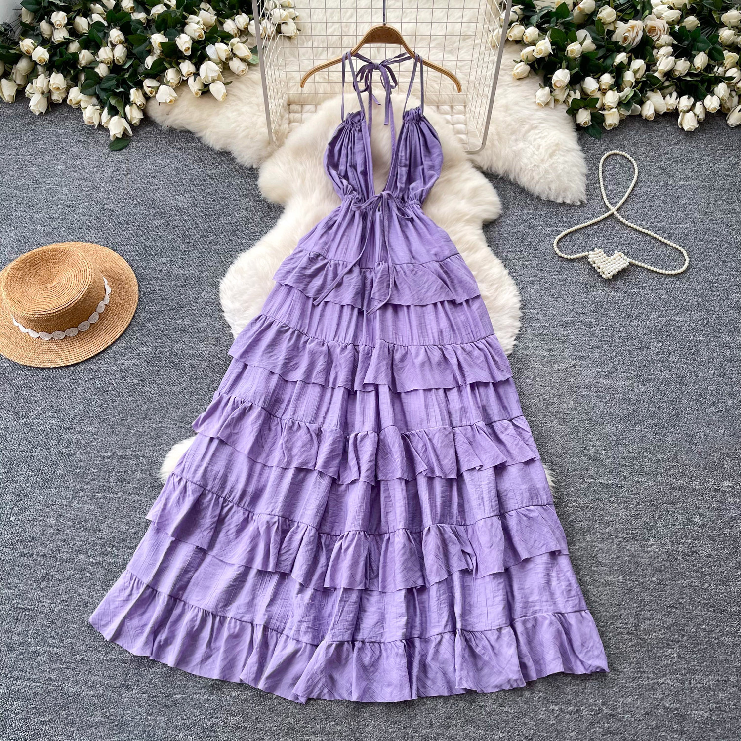 Summer Womens Maxi Dress Elegant Deep V Neck Halter Neck Waist Tie Cake Style Perfect for Parties and Special