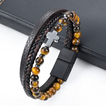 Amazon bracelet hot sale natural stone bracelet Tiger Eye Stone alloy buckle men's cross bracelet jewelry manufacturer