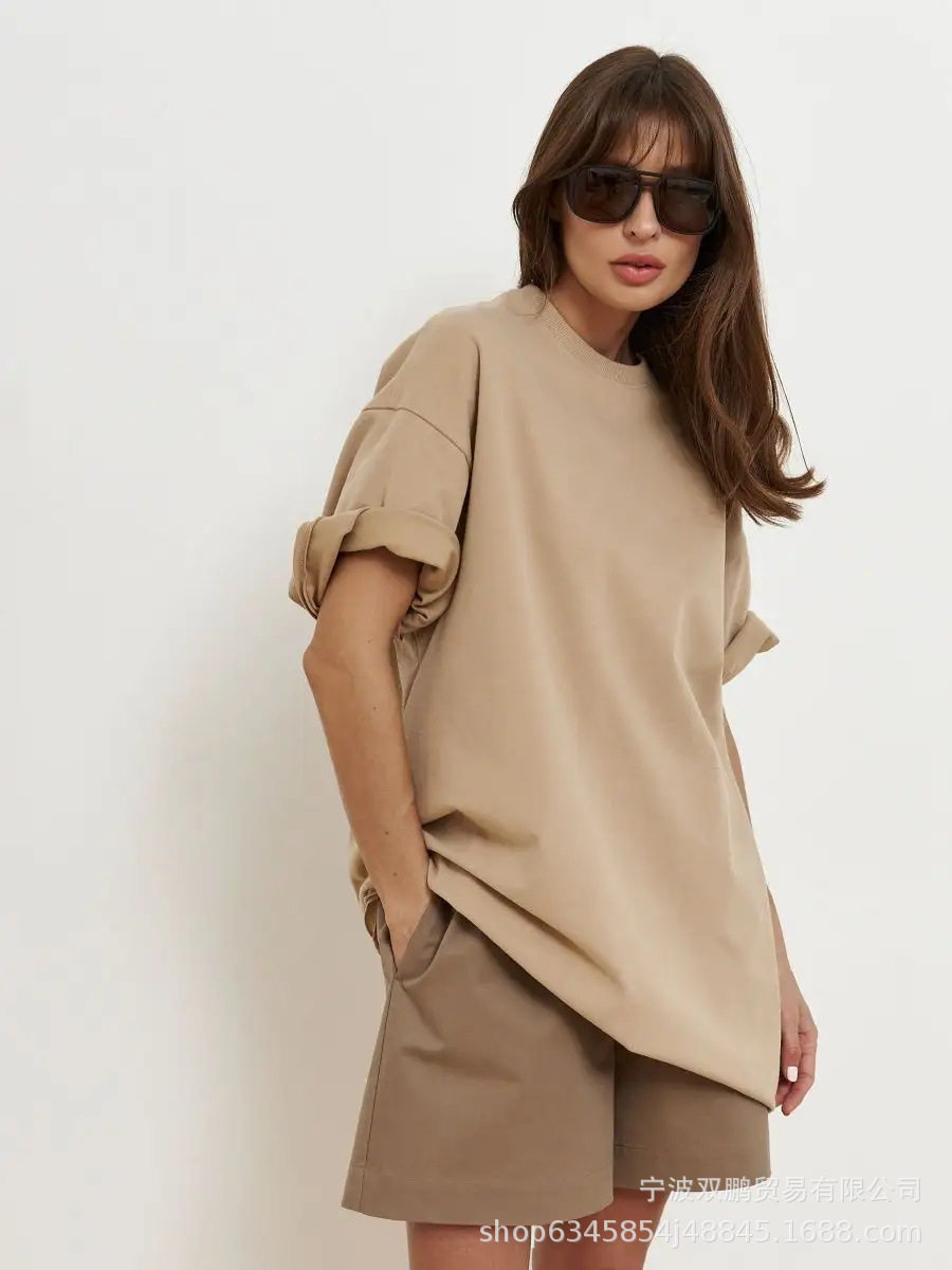 Womens Loose Fit Cotton T Shirt 260g Fabric Short Sleeve Solid Color Spring Summer Casual Wear Wholesale Available
