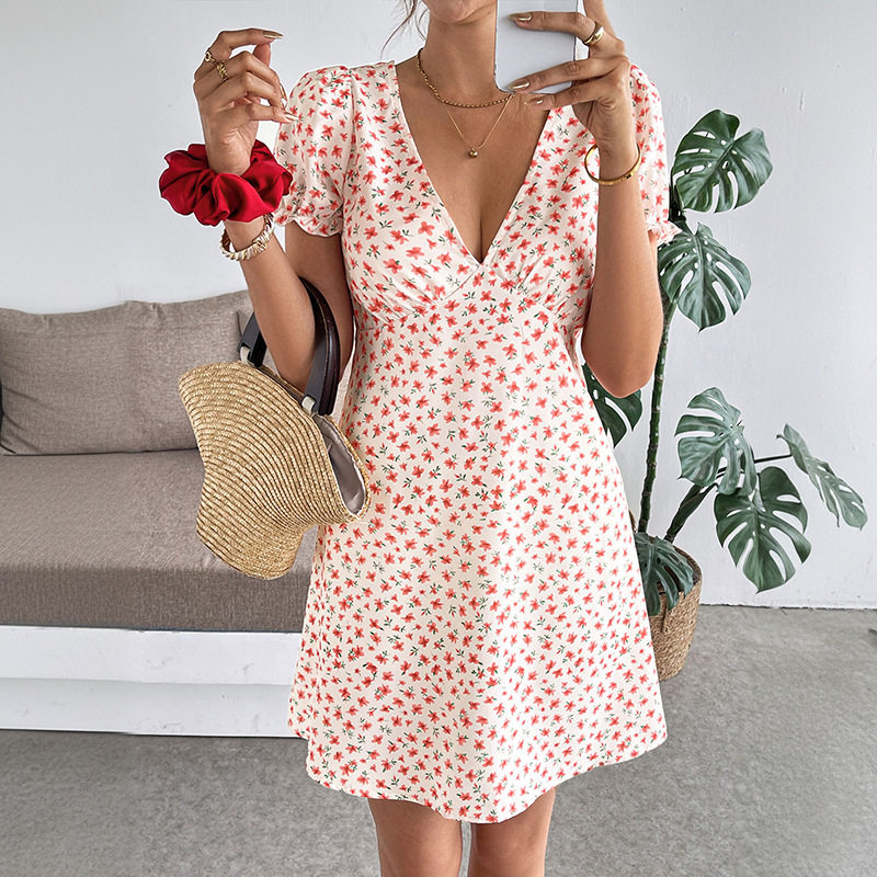Sweet Summer Puff Sleeve V Neck Dress Elegant Design Comfortable Fabric Perfect for Vacations Wholesale Available